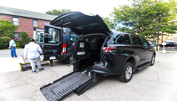 Two men inspecting ambulettes