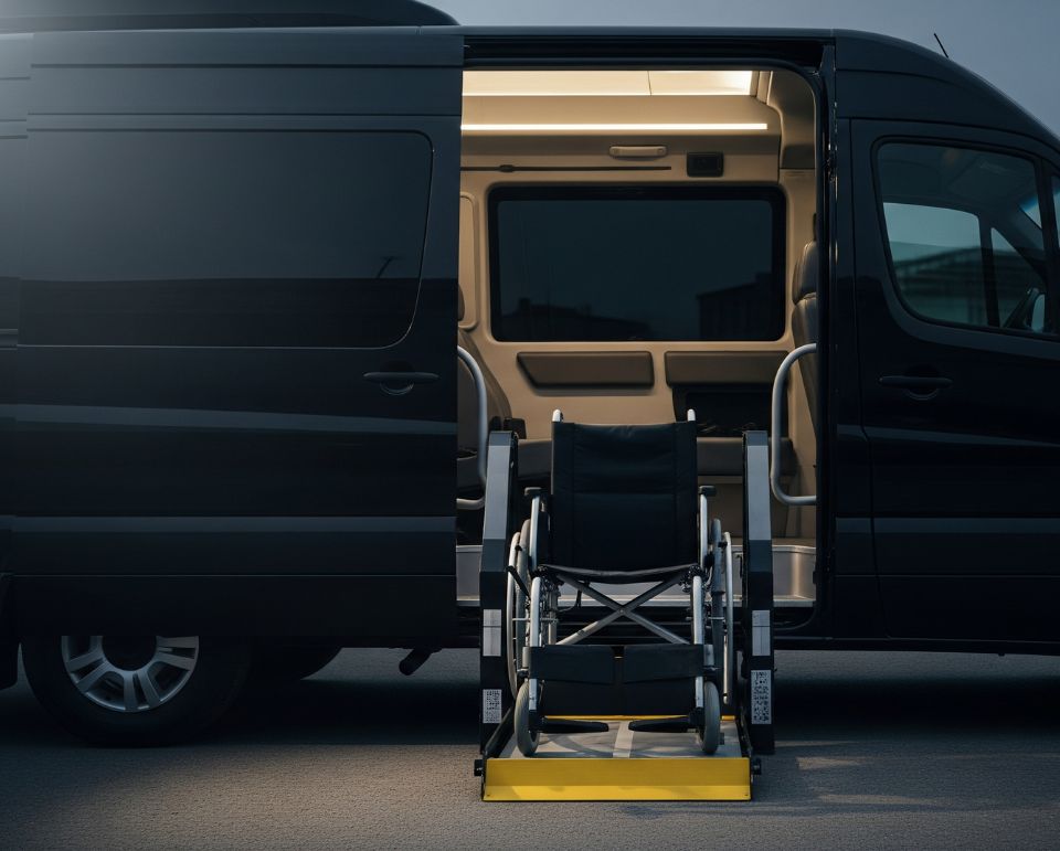 A wheelchair next to an ambulance